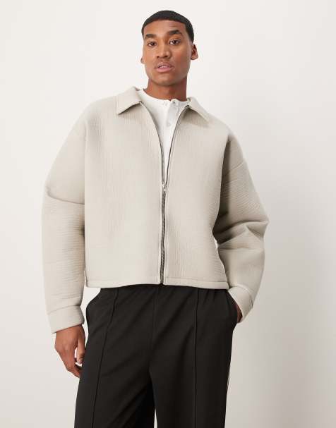 ASOS DESIGN heavyweight oversized coach jacket in textured scuba in neutral - view 1