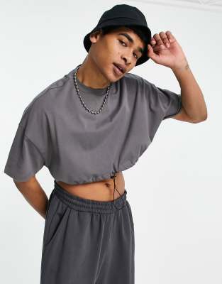 ASOS DESIGN heavyweight oversized crop t-shirt with toggle in washed ...