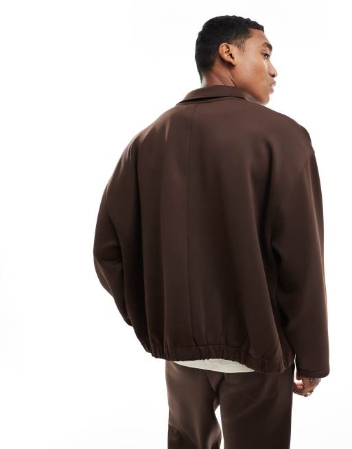 ASOS DESIGN heavyweight oversized cropped shacket with button details in scuba-style fabric in brown