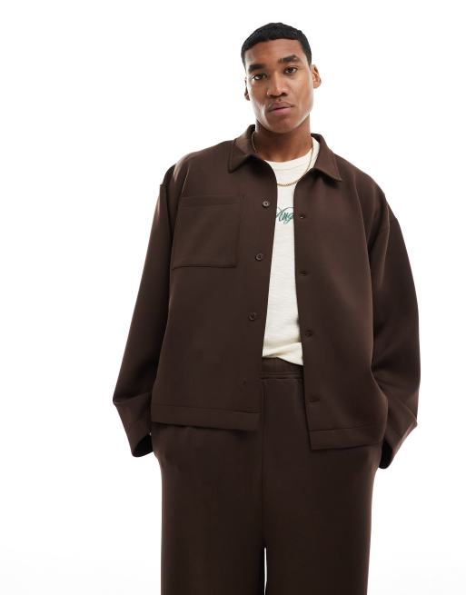 ASOS DESIGN heavyweight oversized cropped shacket with button details in scuba-style fabric in brown