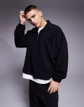 [ASOS DESIGN] ASOS DESIGN heavyweight oversized dropped shoulder boxy sweatshirt with half zip in black rib XL BLACK