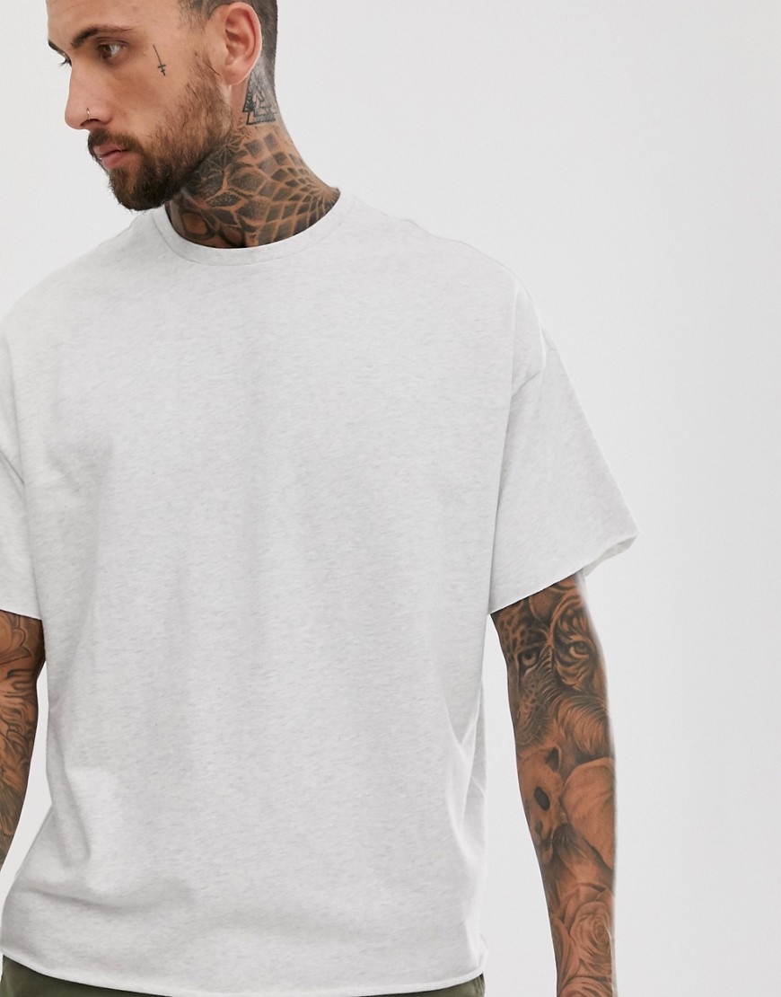 ASOS DESIGN heavyweight oversized fit t-shirt with crew neck and raw edges in white marl-Grey