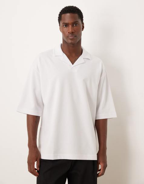ASOS DESIGN heavyweight oversized half sleeve camp collar polo shirt in white soft touch - view 1