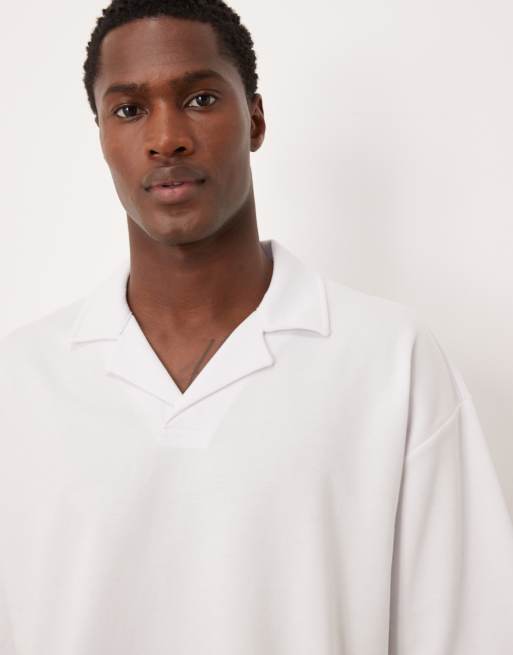 ASOS DESIGN heavyweight oversized half sleeve camp collar polo shirt in white soft touch, 4 of 5