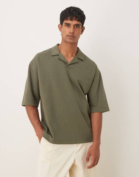 ASOS DESIGN heavyweight oversized half sleeve revere polo in khaki soft touch - view 1