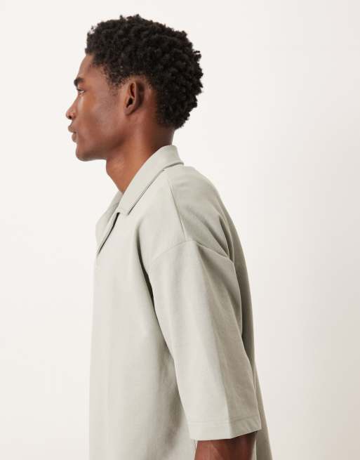 ASOS DESIGN heavyweight oversized half sleeve revere polo in sage soft touch, 4 of 5