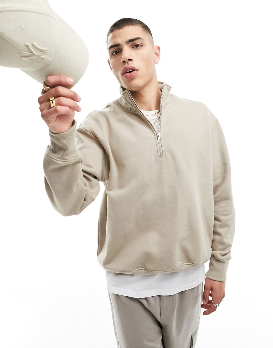 Asos Design Heavyweight Oversized Half Zip Sweatshirt In Beige-neutral