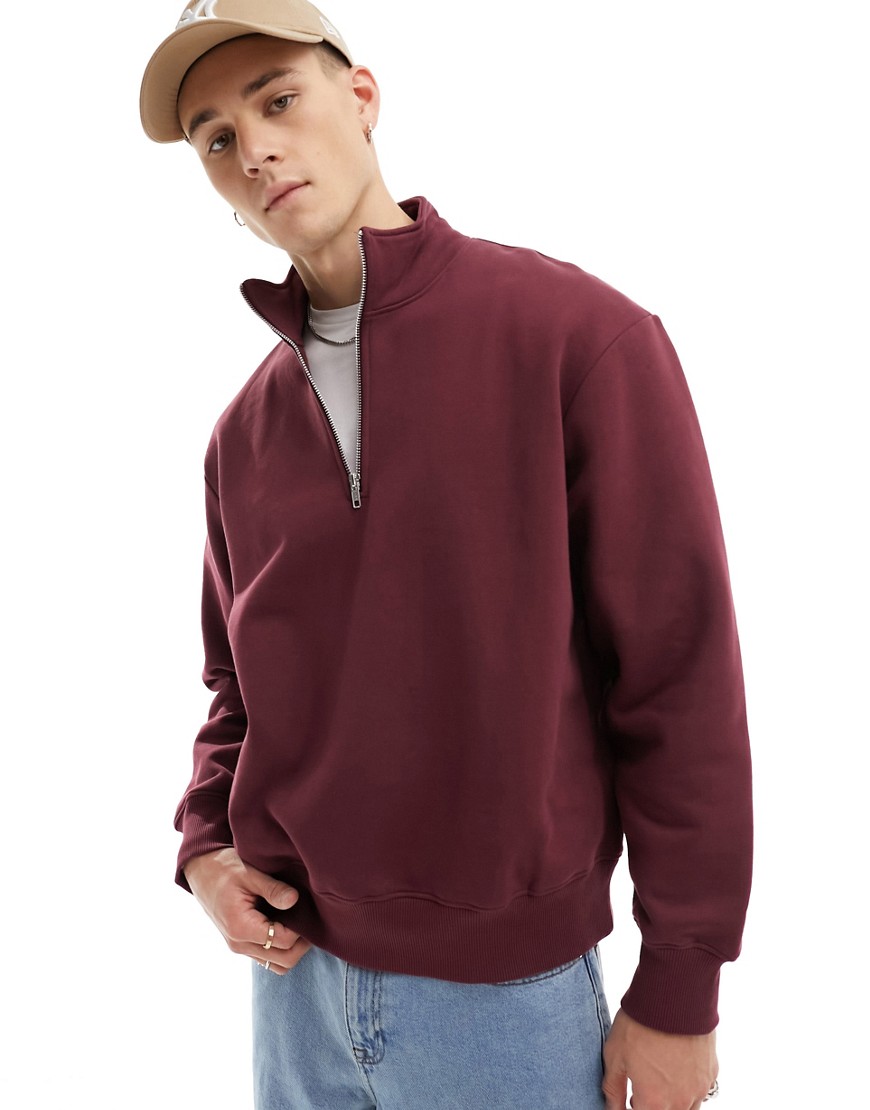 ASOS DESIGN heavyweight oversized half zip sweatshirt in burgundy-Red