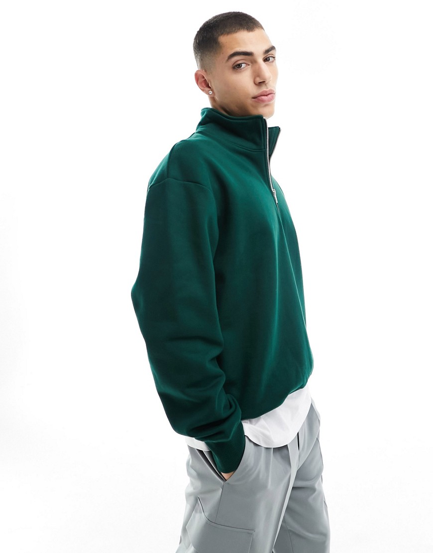 ASOS DESIGN heavyweight oversized half zip sweatshirt in dark green