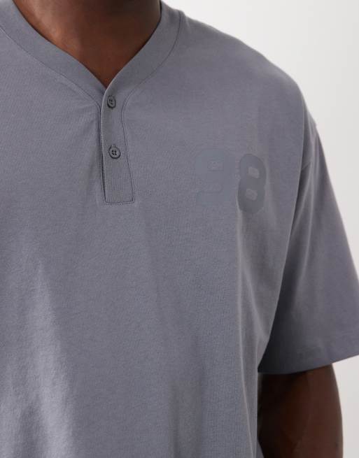 ASOS DESIGN heavyweight oversized Henley t-shirt with 98 graphic in washed grey, 3 of 5