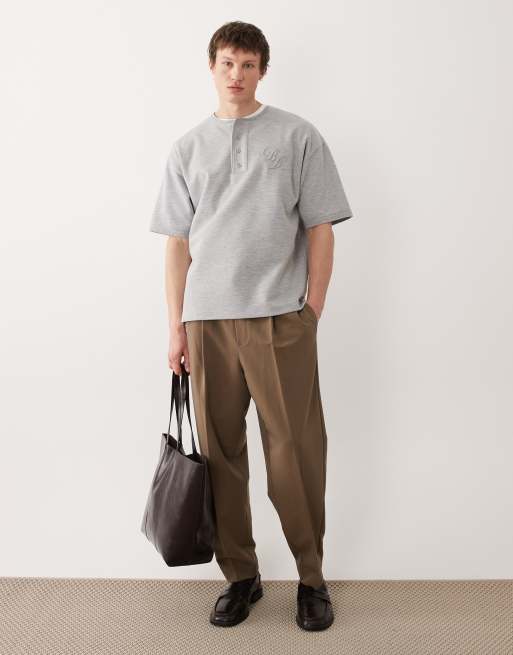 ASOS DESIGN heavyweight oversized Henley t-shirt with chest embroidery in grey marl, 2 of 5