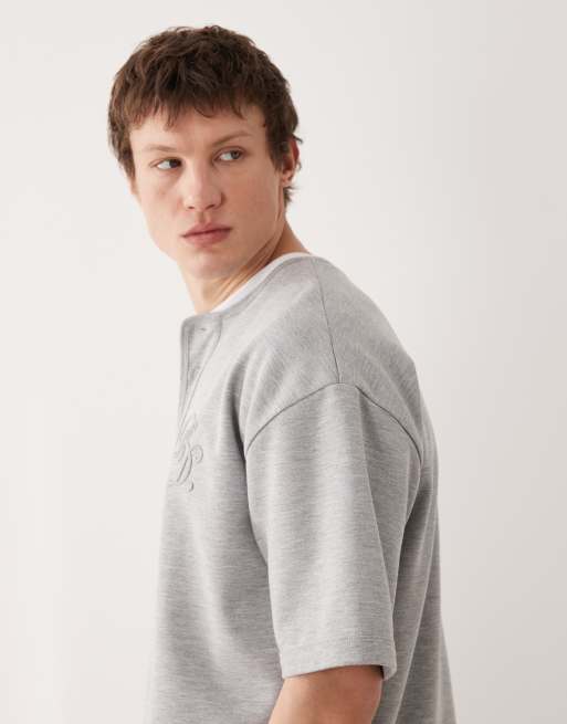 ASOS DESIGN heavyweight oversized Henley t-shirt with chest embroidery in grey marl, 4 of 5