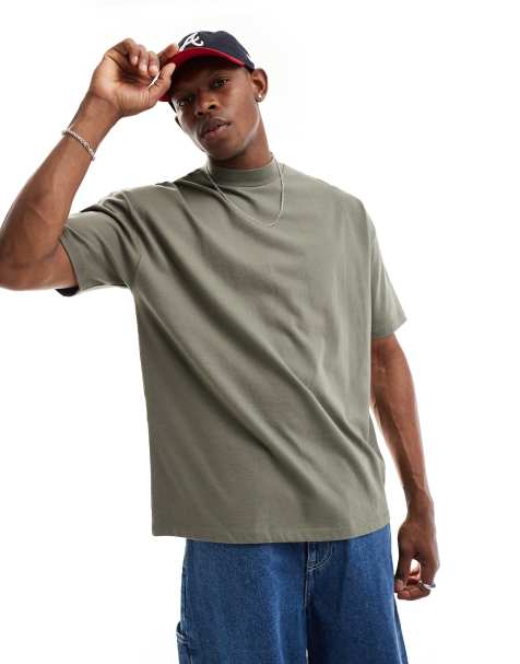 ASOS DESIGN heavyweight oversized high neck t-shirt 240gsm in khaki - view 1