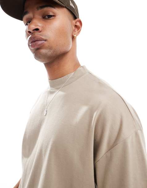 ASOS DESIGN heavyweight oversized high neck t-shirt 240gsm in stone - view 1