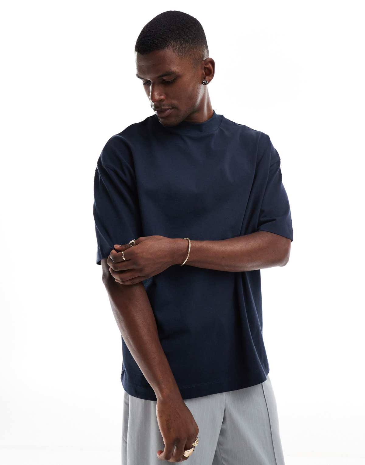 ASOS DESIGN heavyweight oversized high neck t-shirt in navy