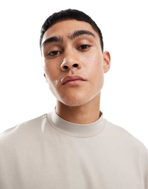 ASOS DESIGN heavyweight oversized high neck t-shirt in stone , 2 of 4