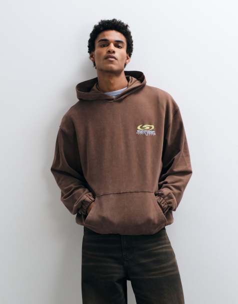 ASOS DESIGN heavyweight oversized hoodie with graphic in washed brown - view 1