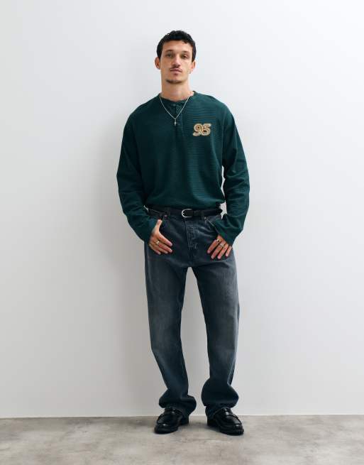 ASOS DESIGN heavyweight oversized long sleeve henley with 95 embroidery in dark green, 2 of 5