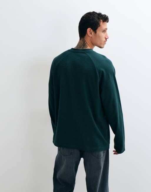 ASOS DESIGN heavyweight oversized long sleeve henley with 95 embroidery in dark green, 5 of 5