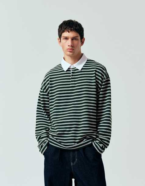 ASOS DESIGN heavyweight oversized long sleeve polo in textured green stripe