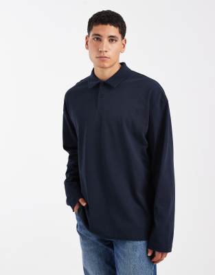 Asos Design Heavyweight Oversized Long Sleeve Polo Shirt In Blue