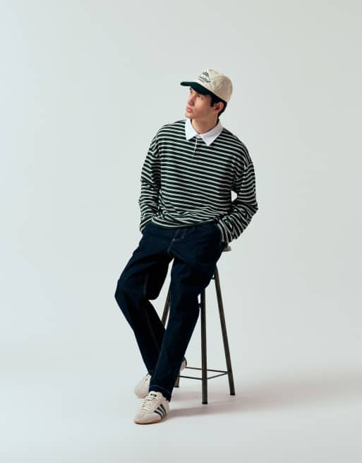 ASOS DESIGN heavyweight oversized long sleeve polo shirt in textured green stripes, 2 of 5