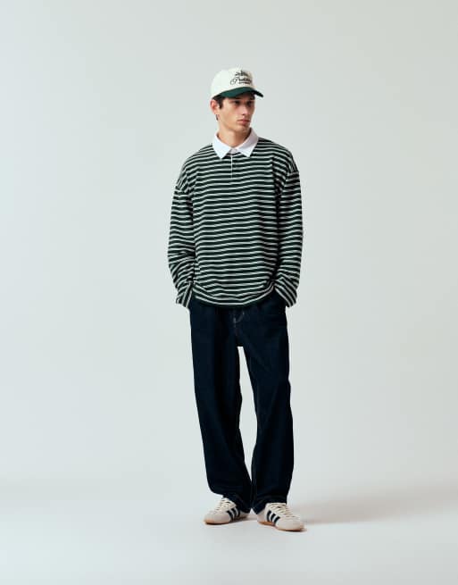 ASOS DESIGN heavyweight oversized long sleeve polo shirt in textured green stripes, 4 of 5