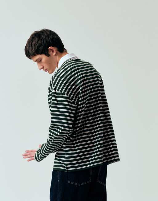 ASOS DESIGN heavyweight oversized long sleeve polo shirt in textured green stripes, 5 of 5