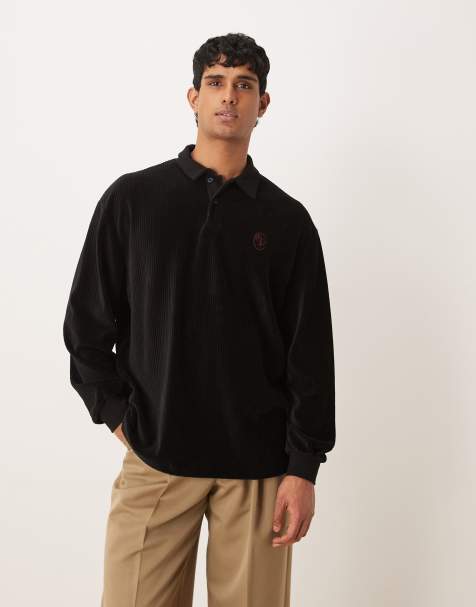 ASOS DESIGN heavyweight oversized long sleeve polo t-shirt with small chest embroidery in black velour rib - view 1
