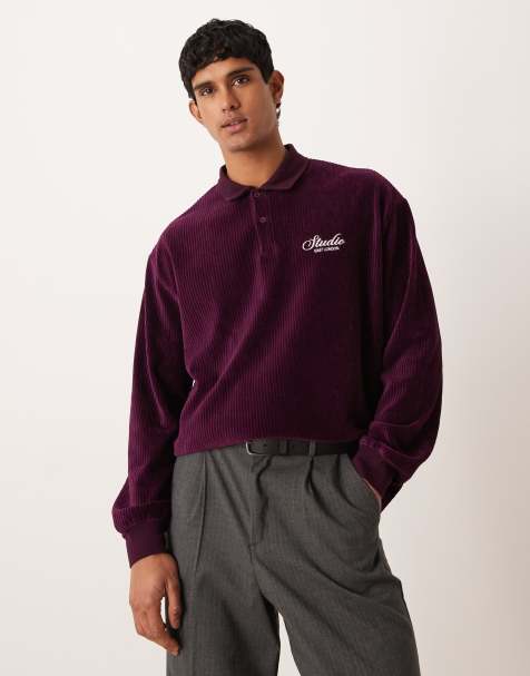 ASOS DESIGN heavyweight oversized long sleeve polo with chest embroidery in burgundy velour rib 