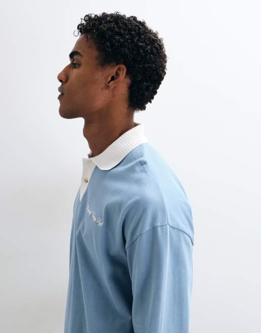 ASOS DESIGN heavyweight oversized long sleeve polo with chest graphic in light blue, 3 of 5