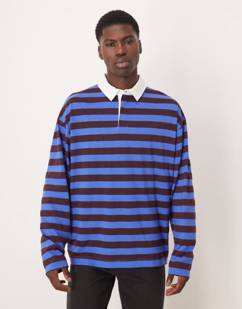 ASOS DESIGN heavyweight oversized long sleeve rugby polo in blue and brown stripe - view 1