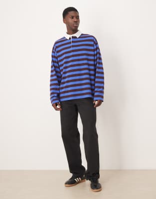 Asos Design Heavyweight Oversized Long Sleeve Rugby Polo In Multi