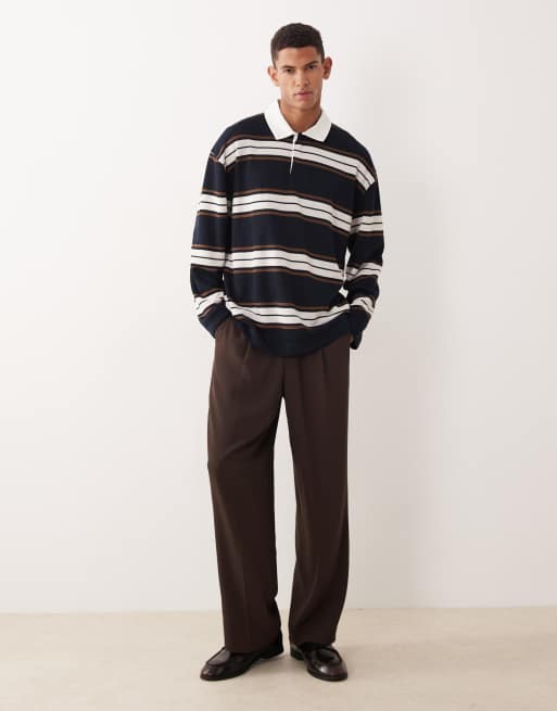 ASOS DESIGN heavyweight oversized long sleeve rugby polo in navy and brown stripe