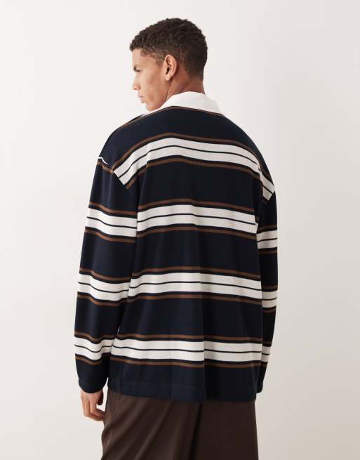 ASOS DESIGN heavyweight oversized long sleeve rugby polo in navy and brown stripe