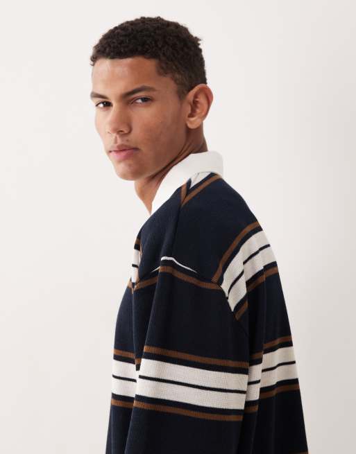 ASOS DESIGN heavyweight oversized long sleeve rugby polo in navy and brown stripe , 4 of 5