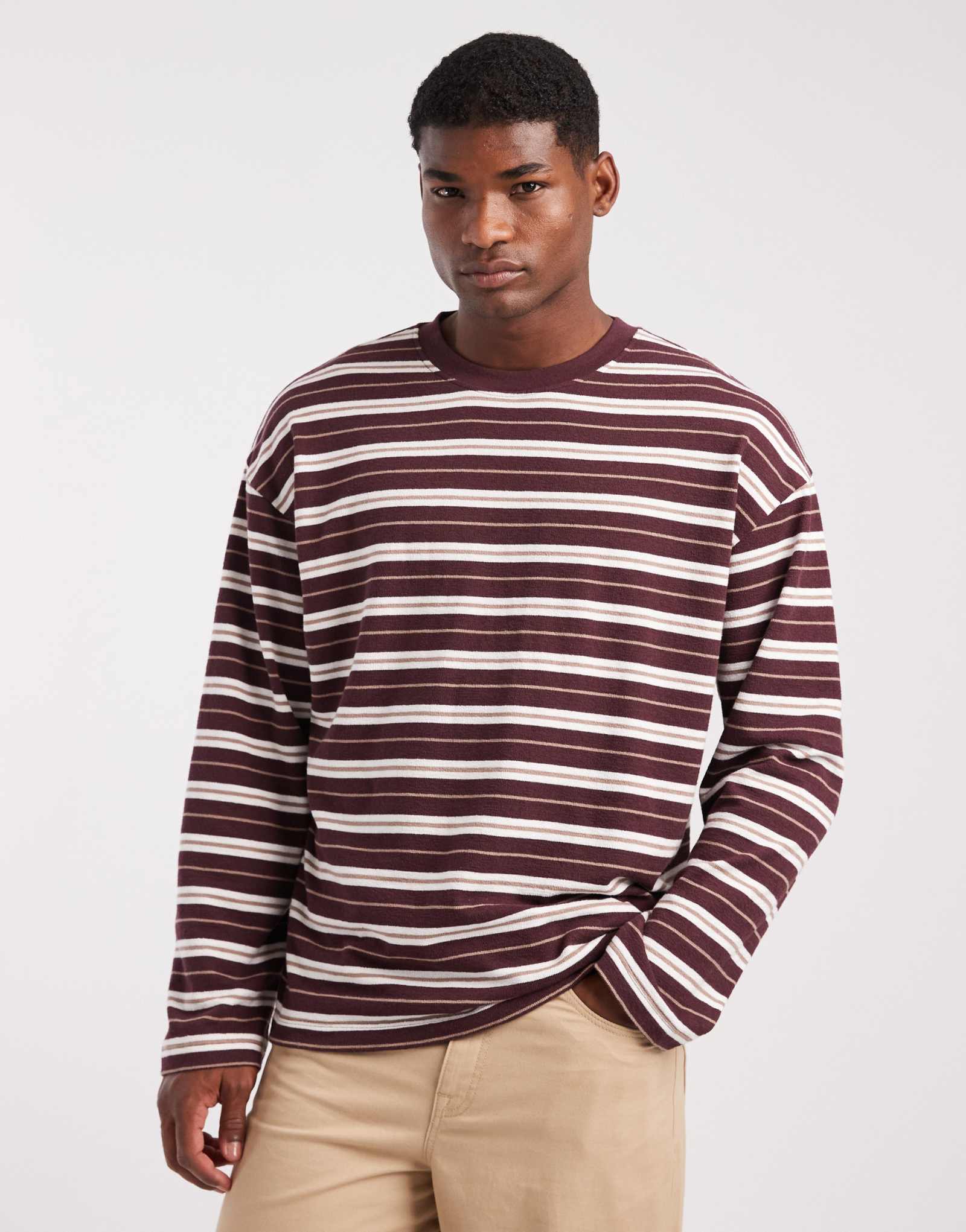 Дизайнерская футболка в полоску с длинным рукавом оверсайз от ASOS с бордовой текстурой
