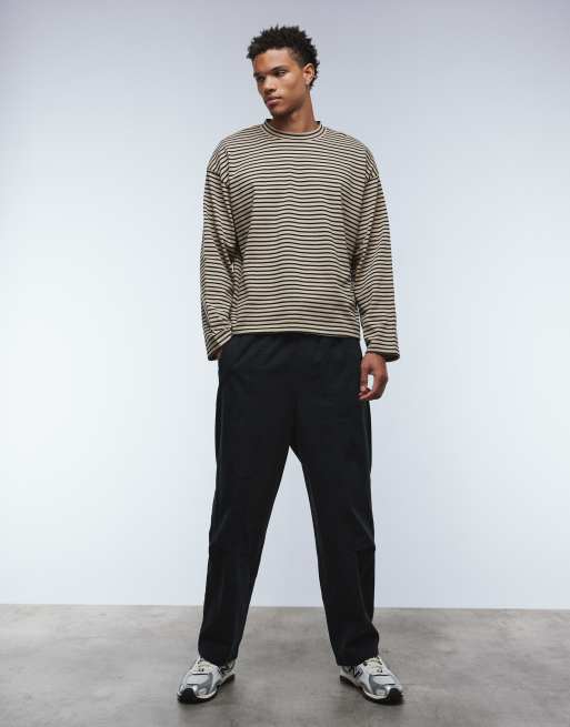 ASOS DESIGN heavyweight oversized long sleeve T-shirt in black and beige stripe