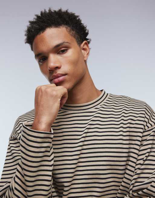 ASOS DESIGN heavyweight oversized long sleeve T-shirt in black and beige stripe