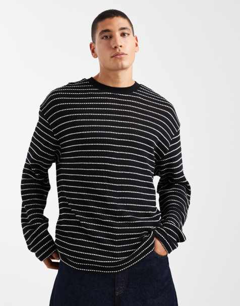 ASOS DESIGN heavyweight oversized long sleeve t-shirt in black and white textured stripe - view 1
