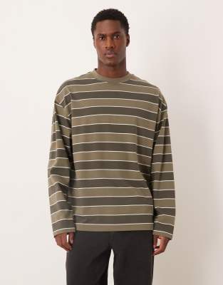ASOS DESIGN heavyweight oversized long sleeve t-shirt in khaki stripe-Green