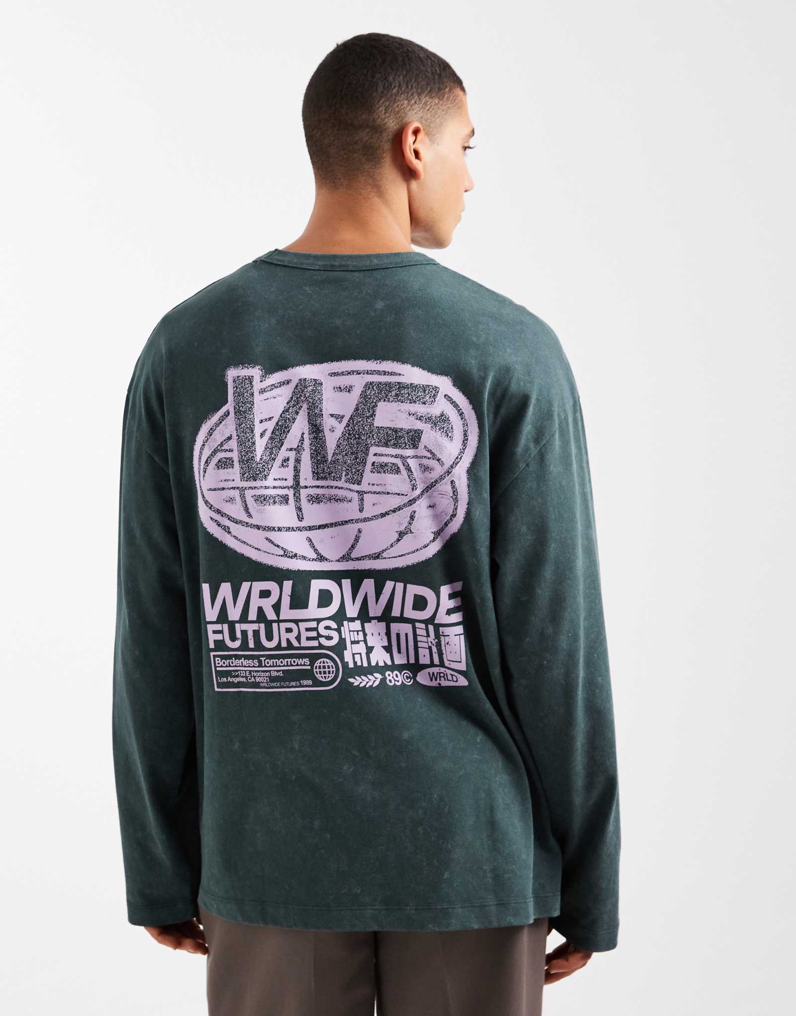 Футболка ASOS DESIGN heavyweight oversize с длинным рукавом и принтом сзади темно-зеленого цвета, выполненная в стиранном стиле