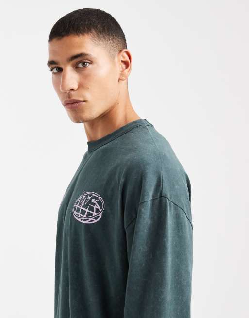 ASOS DESIGN heavyweight oversized long sleeve T-shirt with back print in washed dark green , 4 of 5