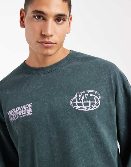 ASOS DESIGN heavyweight oversized long sleeve T-shirt with back print in washed dark green , 5 of 5