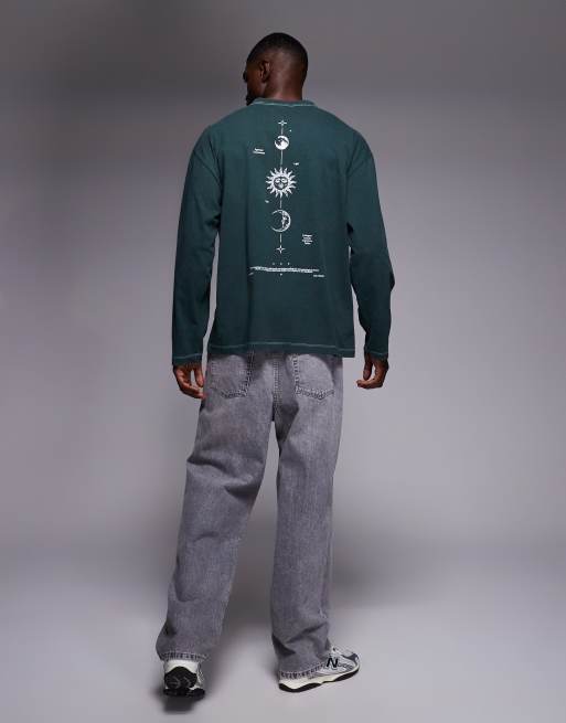 ASOS DESIGN heavyweight oversized long sleeve T-shirt with celestial spine graphic in washed green , 2 of 5