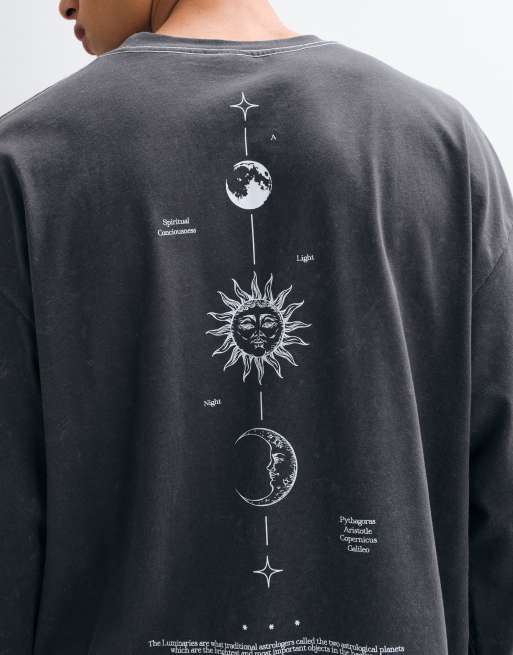 ASOS DESIGN heavyweight oversized long sleeve t-shirt with celestial spine print in washed grey, 2 of 5