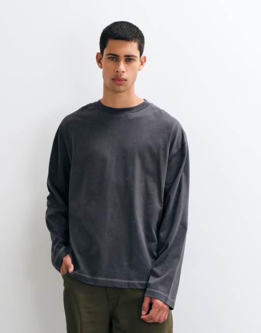 ASOS DESIGN heavyweight oversized long sleeve t-shirt with celestial spine print in washed grey, 3 of 5