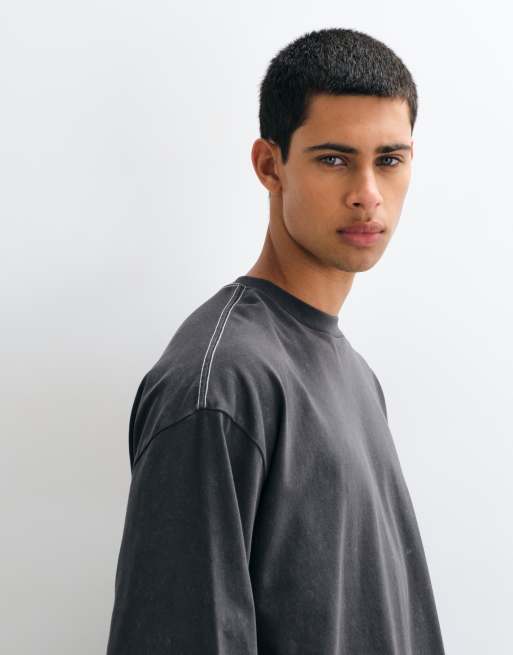 ASOS DESIGN heavyweight oversized long sleeve t-shirt with celestial spine print in washed grey, 5 of 5