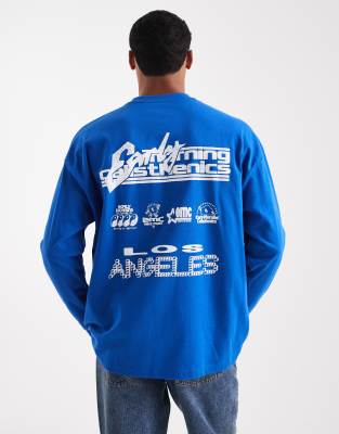 Asos Design Heavyweight Oversized Long Sleeve T-shirt With City Graphic In Blue