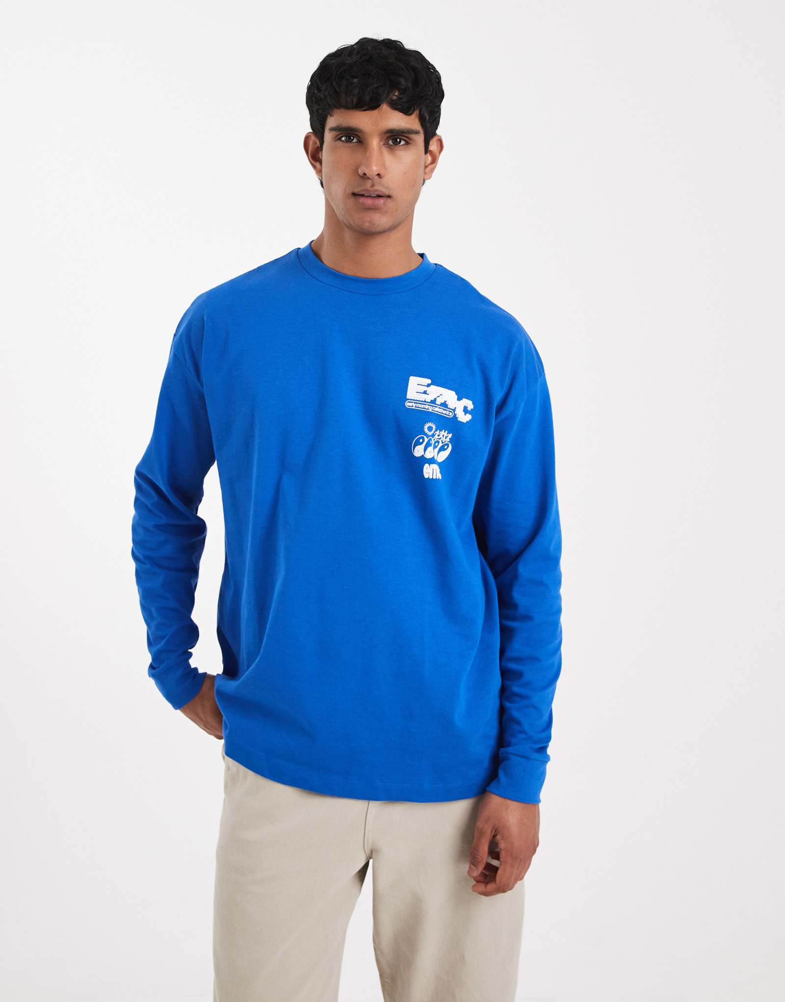  Футболка ASOS DESIGN heavyweight oversize с длинным рукавом и рисунком города синего цвета 